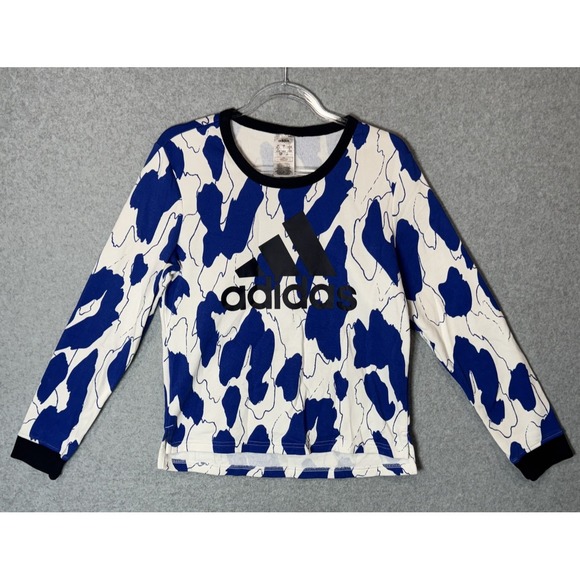 Adidas Shirt Womens Small Blue White Abstract Camo Long Sleeve Pullover Athletic - Picture 1 of 10